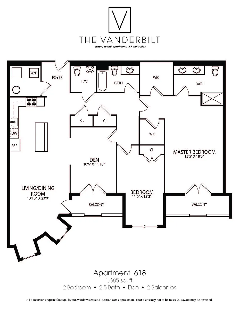 Floor plan 2 Bed - 2.5 Bath - Den - 2 Balconies