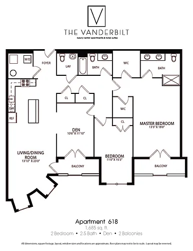Floor plan 2 Bed - 2.5 Bath - Den - 2 Balconies
