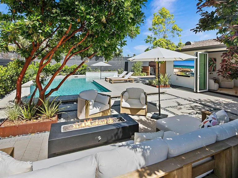 Relaxing shaded poolside seating area