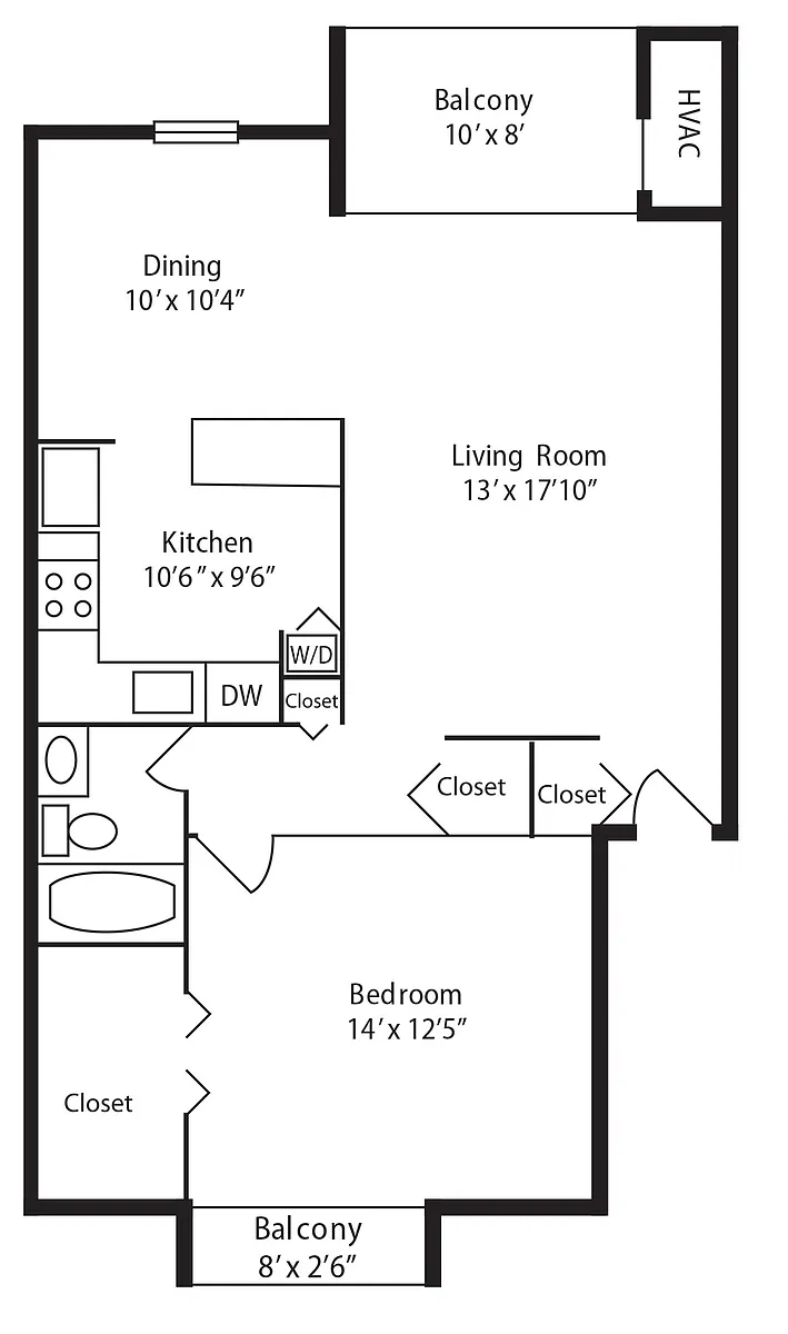 Floor plan C: 1 Bedroom 1 Bath Deluxe