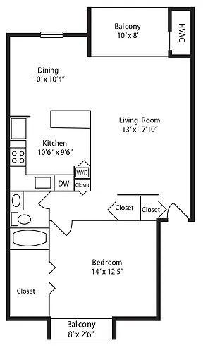 Floor plan C: 1 Bedroom 1 Bath Deluxe