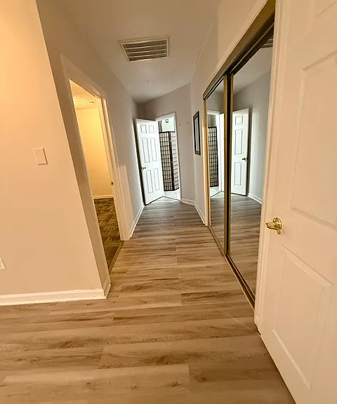 Hallway has door to bedroom on the left, 2 closets on the right and bathroom door at the end