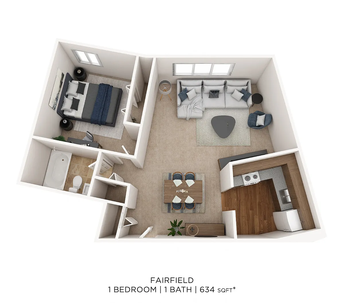 Floor plan One Bedroom- 634 sqft