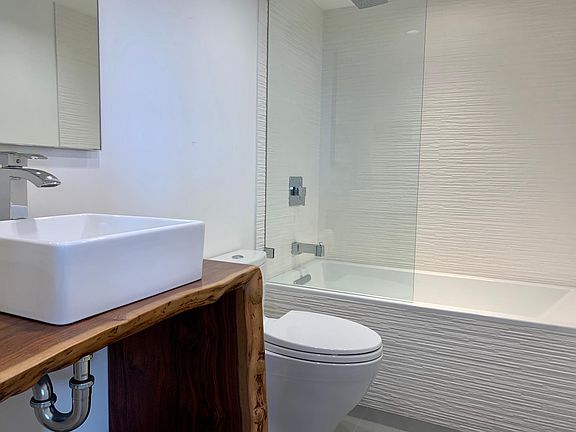 Second bath with tub and shower and live-edge walnut vanity.