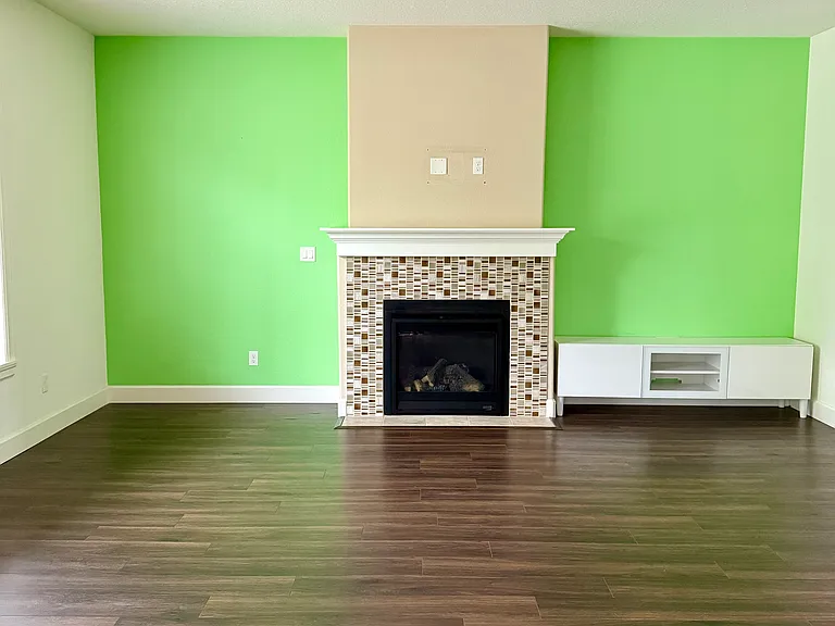 open living space (the lime green walls are painted gray color)