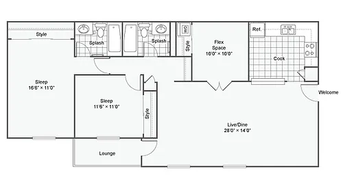 Floor plan 2 Bed 2 Bath Washer Dryer