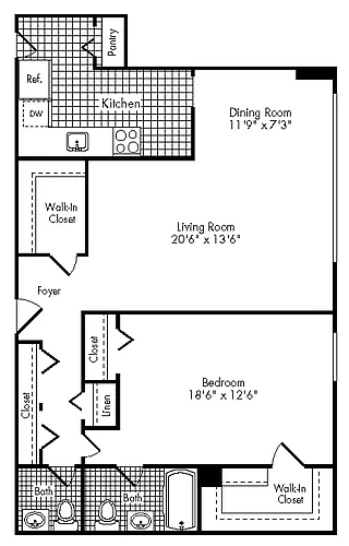 Floor plan 1 Bed, 1.5 Bath 1051 SF 115D