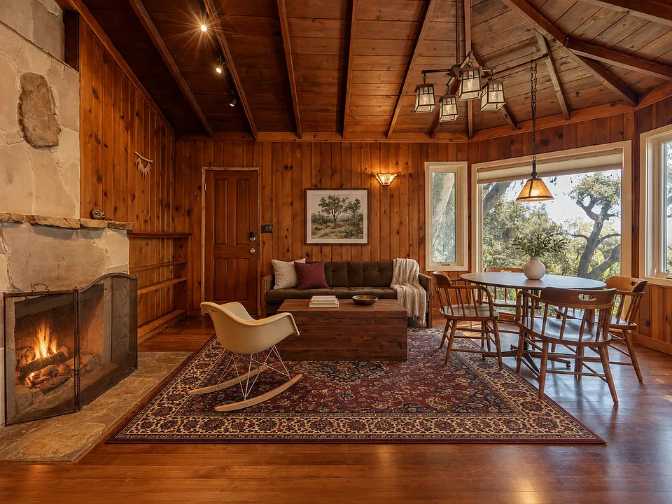 Living room virtually enhanced with fire and additional furnishings and decor. Furniture not included in rental.
