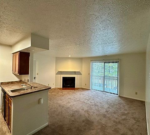 View of living room from dining space- it has not been cleaned or the carpeting cleaned at this time.