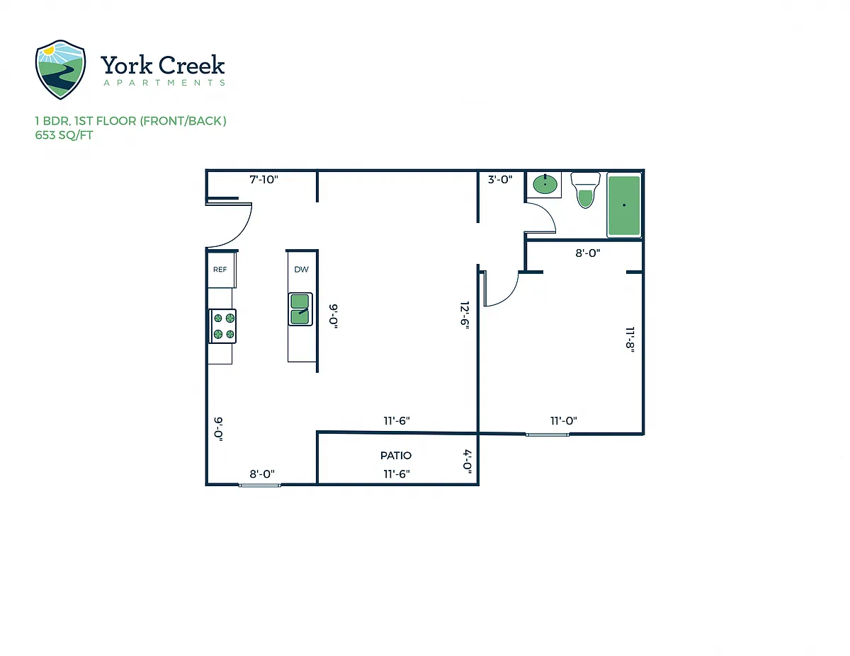 Floor plan 1 Bed, 1 Bath - 653 sq ft