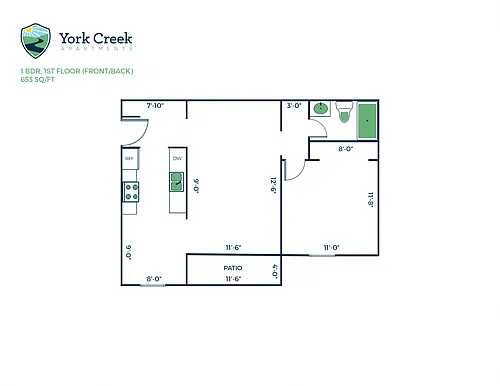 Floor plan 1 Bed, 1 Bath - 653 sq ft