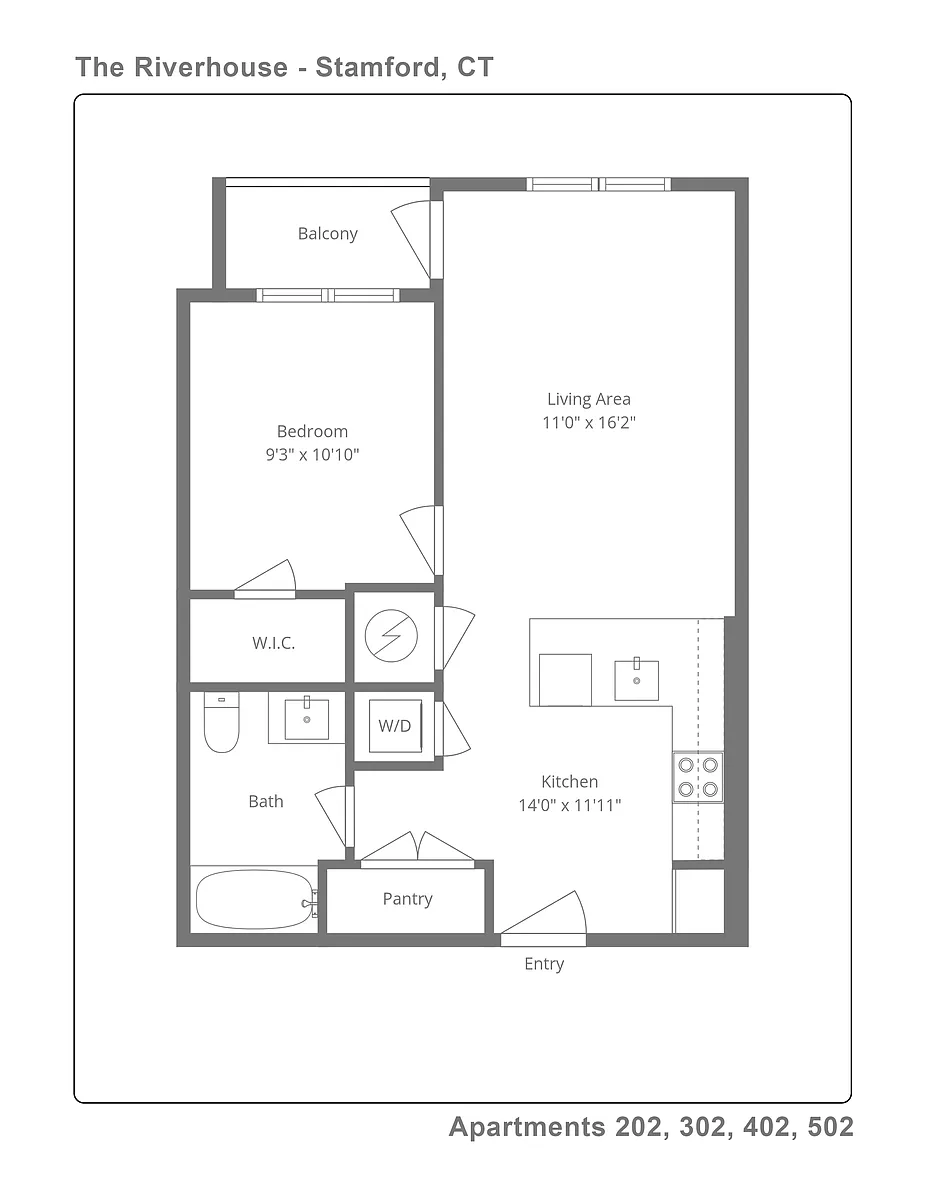 Floor plan 502 Balcony top floor gray kitchen Cabinets