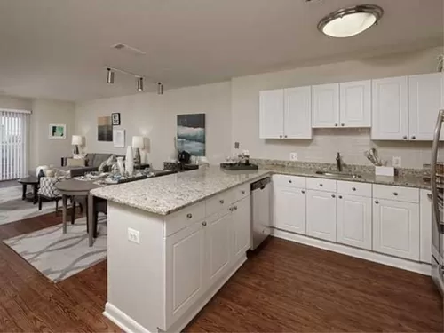 Open concept kitchen with white cabinetry, cream tile backsplash, stainless-steel appliances, granite countertops and hard surface flooring - Avalon Clarendon