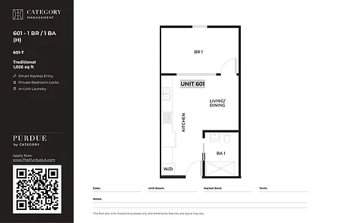 Floor plan 601 - 1BR / 1BA (H)