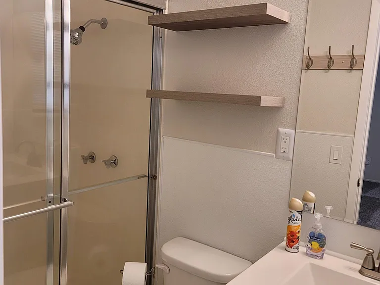 Primary bathroom with all new vanity, mirror, and lighting. Standup shower with seating inside. First view.
Shower size 31 wide by 46 inches long.
Total bath size 7'7"x3'10"