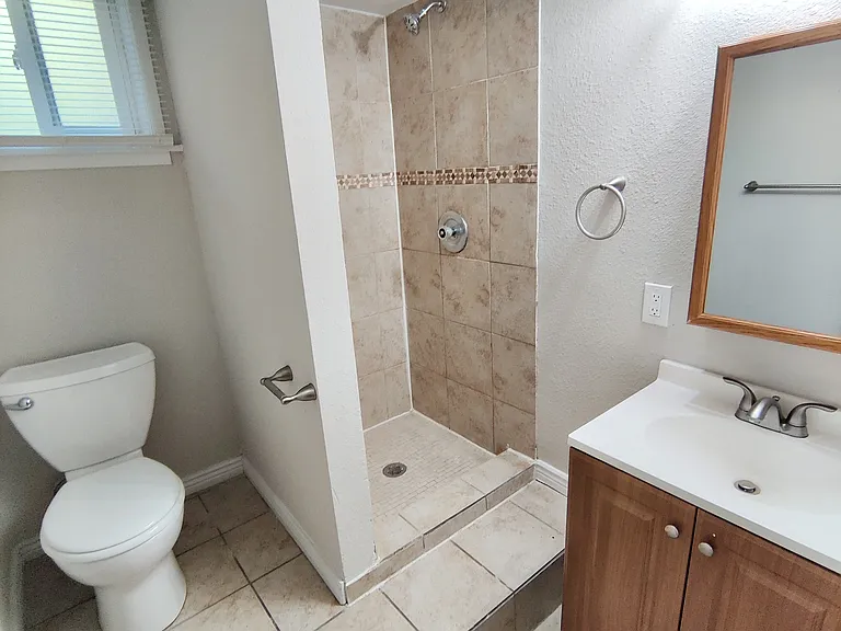 Bright and modern bathroom featuring a sleek tiled shower, elegant vanity, and efficient layout.