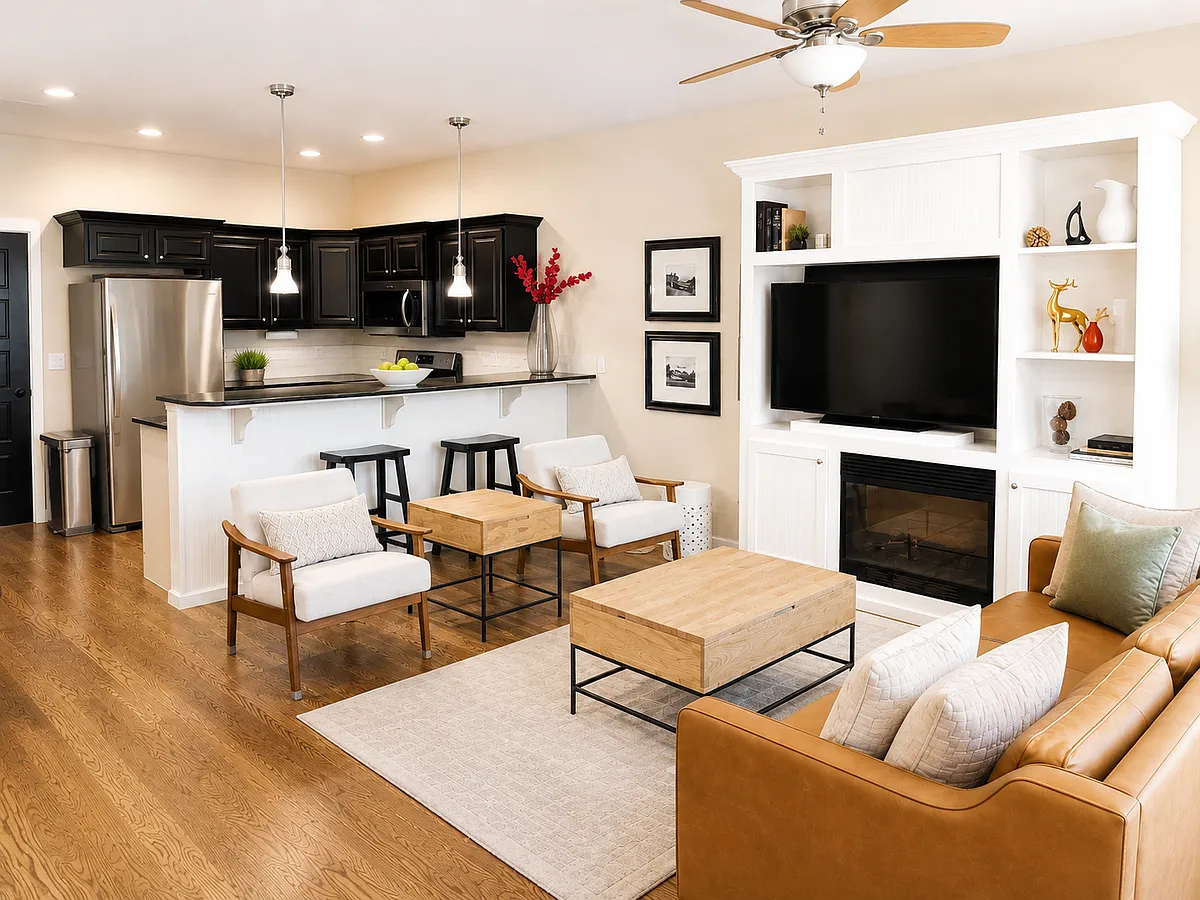 Open-concept living room and kitchen with built-in fireplace wall and breakfast bar - 4342 N Five Mile Rd