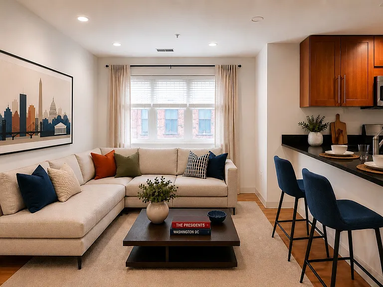 Den and kitchen virtually staged