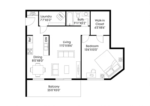 Floor plan A2R (Stainless Steel Appliances, In-Unit Laundry)