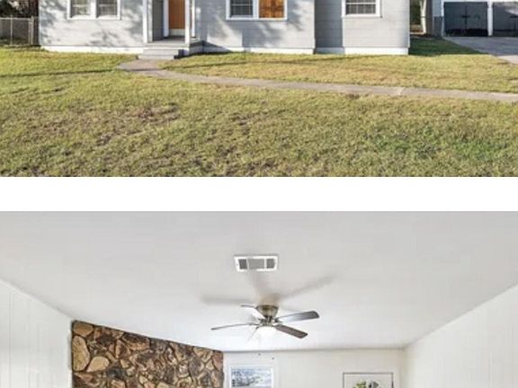 Front of house. 
Living room.