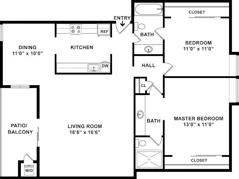 2 BD / 2 BA - 1,100 SF
