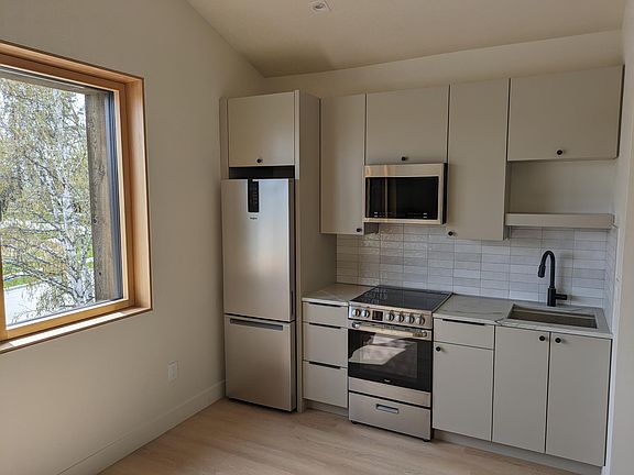 modern kitchen with quartzite countertops and stainless steel appliances.