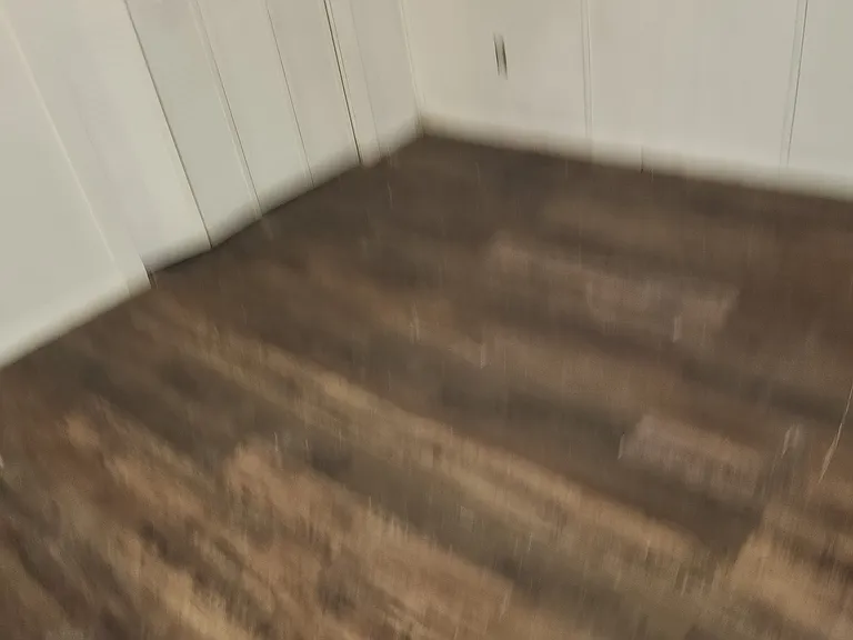 This is a blurred photo of the fourth bedroom. It does show the dark vinyl wood grain floor. This is a newly installed floor. There is a closet in this room also.