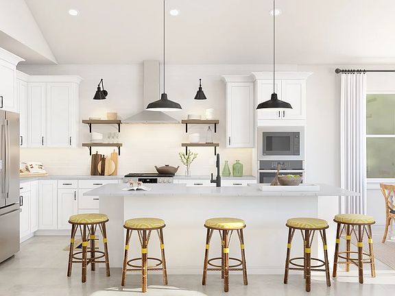 Kitchen with pendant lighting and floating shelves