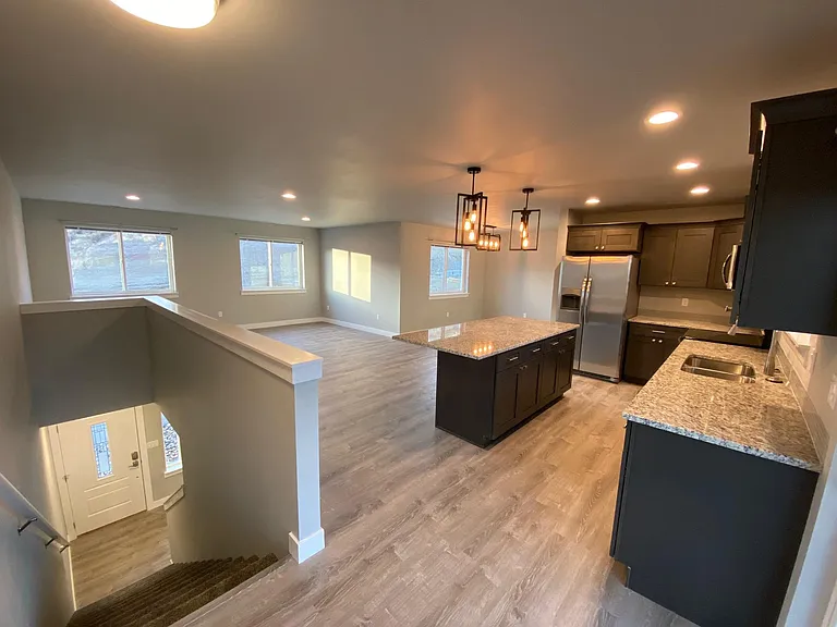 Kitchen, Living Space 1, and Dining