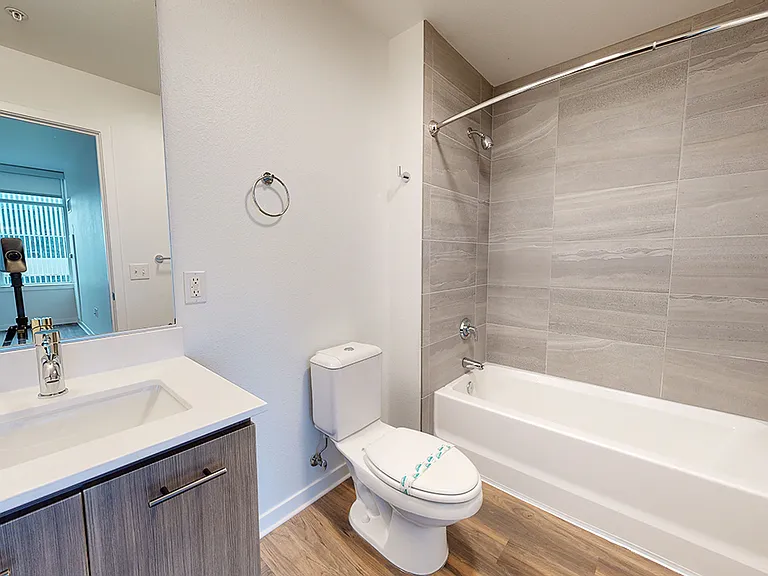 Apartment bathroom with wood-style flooring.