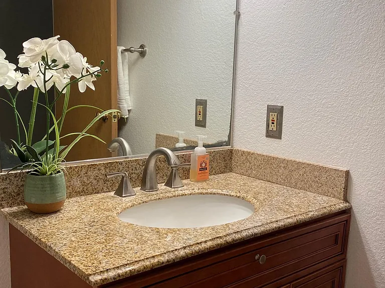 Newer vanity, fixture and lighting in bathroom.