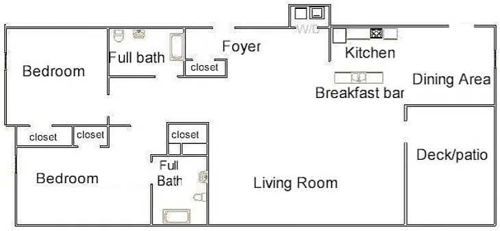 Floor plan E-J - 2 Bed 2 Bath - 1165sf