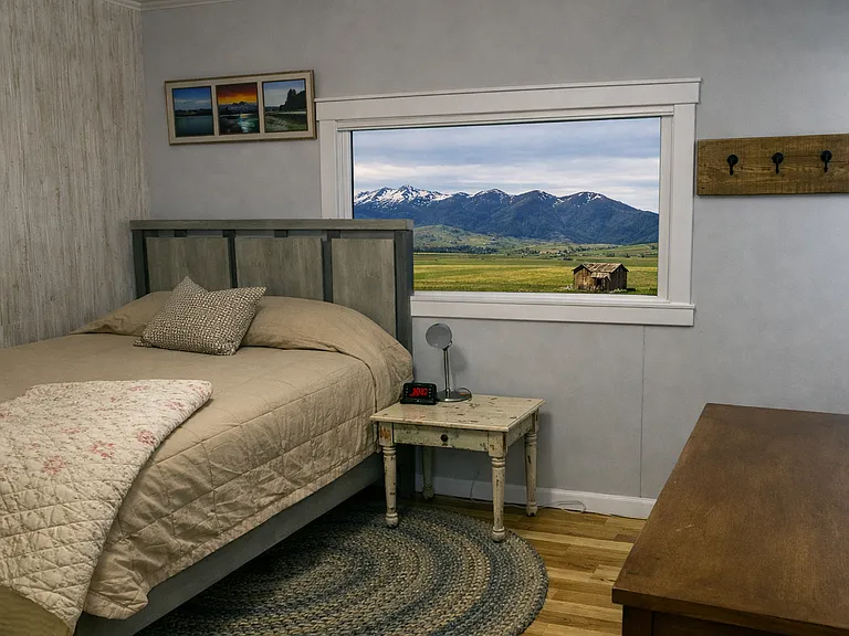Master bedroom with mountain views. There is a mini fridge, microwave, TV, and desk. There are blackout blinds, and the door has a keyed lock.