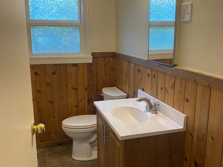 New bathroom vanity and toilet.