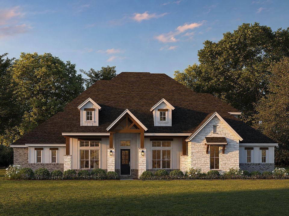 Exterior rendering of a modern Texas ranch style home by Kindred Homes.