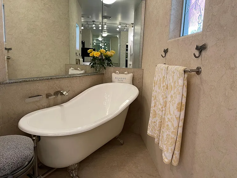 cast iron slipper tub in master bathroom mirrored alcove