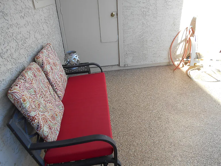 Partial patio It's 19' wide x 10' deep
Partially covered and shielded from direct sun