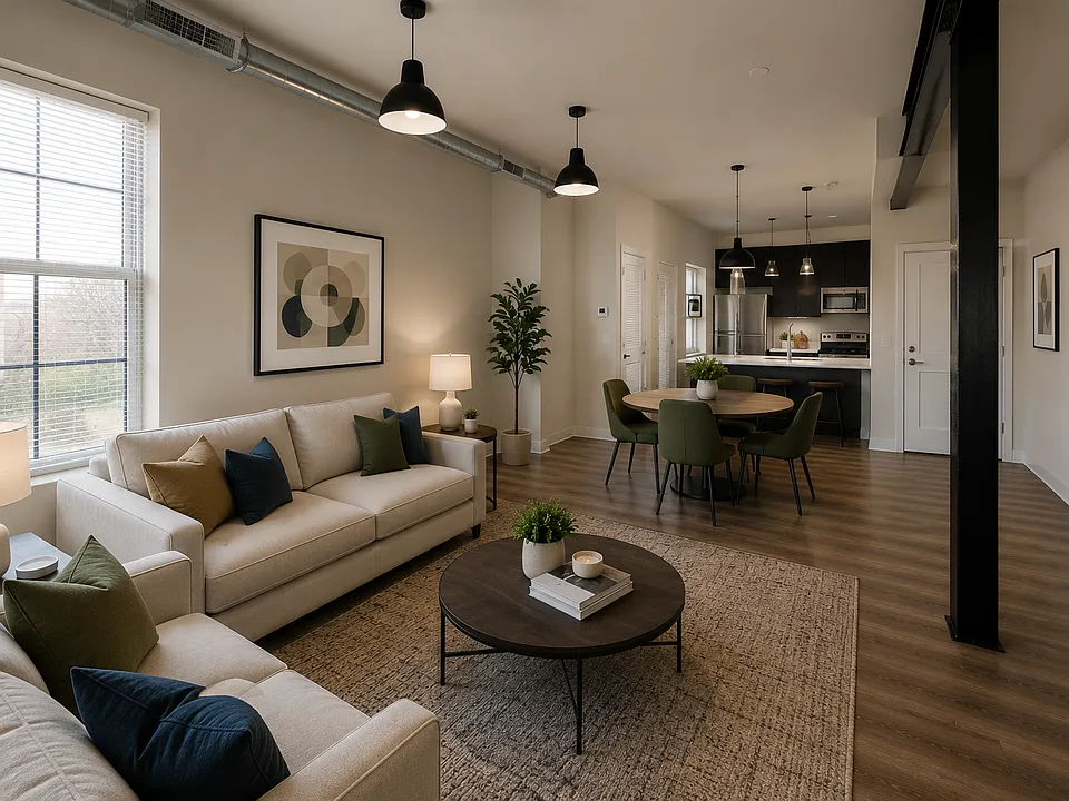 Open-concept layout seamlessly connecting living, dining, and kitchen spaces.