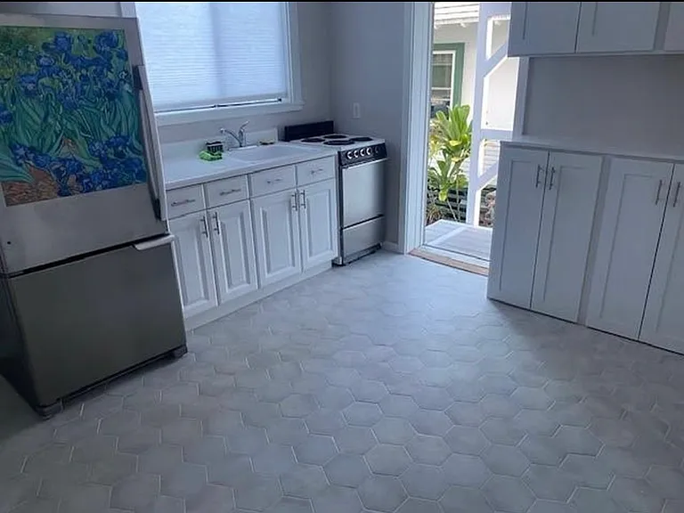 downstairs kitchen and side door to deck