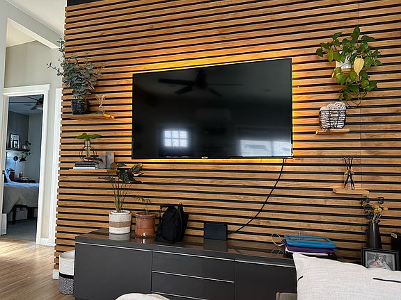 Custom-built wooden slat wall