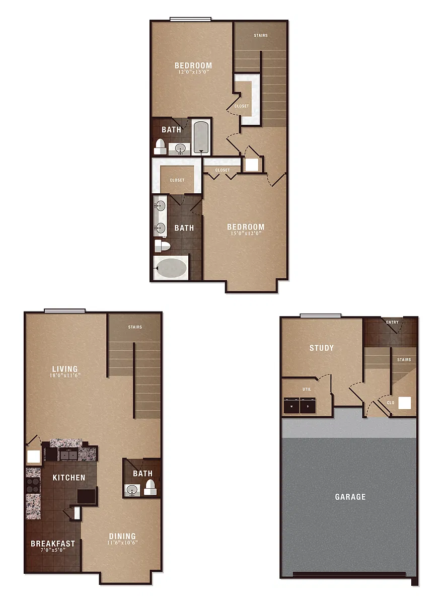 Floor plan B5 Townhome 2x2.5 w/study