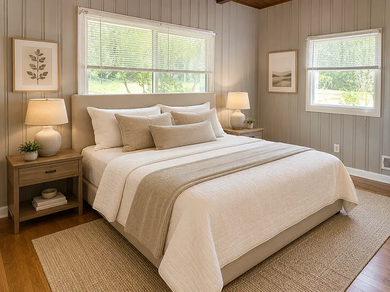 Virtually staged to illustrate furniture placement; furnishings are not included. Features wood flooring, an exposed wood ceiling and windows on two sides.
