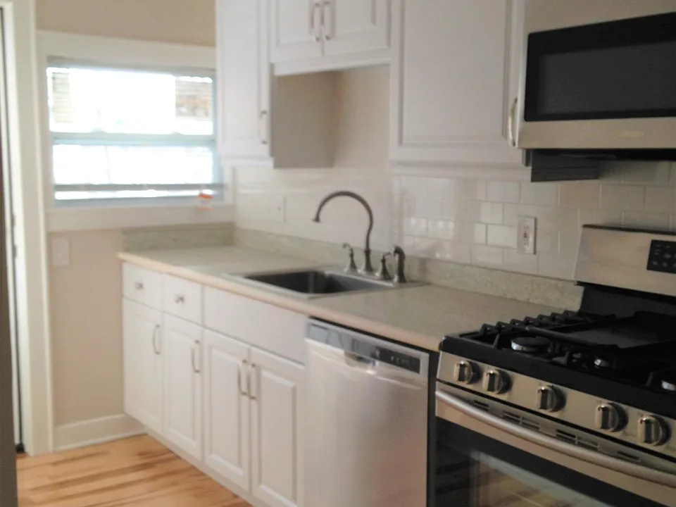 Kitchen with stove, microwave and dishwasher
