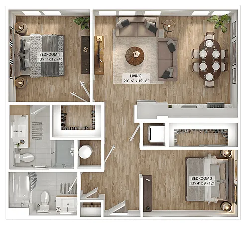 Floor plan 1 Bed/2 Bath Den-A3D