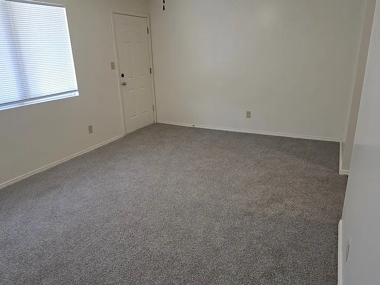 Open living room with new carpet and ceiling fan, flowing right into the kitchen for an easy, connected layout.