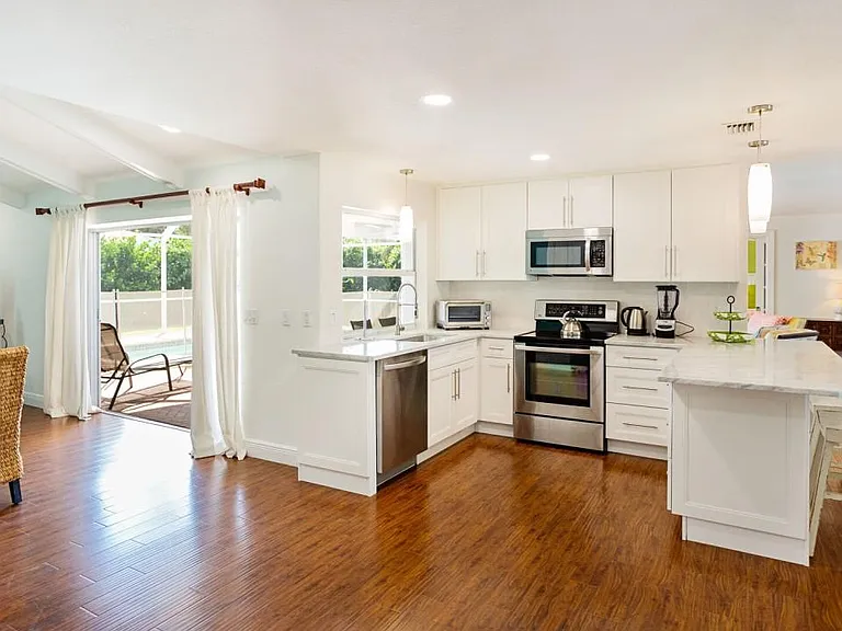 Kitchen and view to patio
