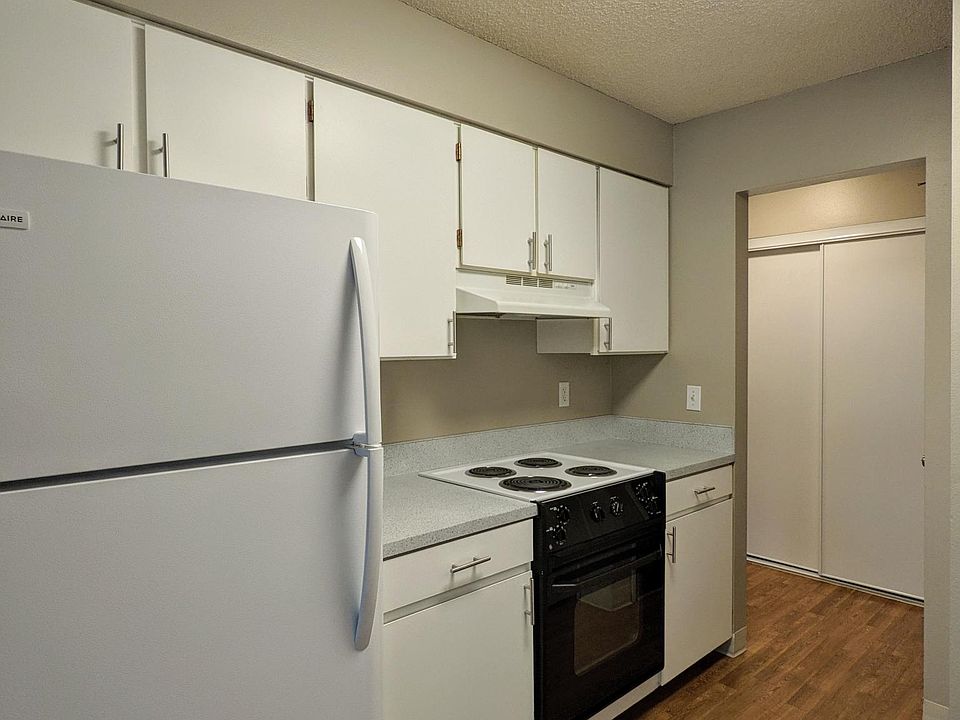 Newly updated kitchen a new refrigerator, refinished countertops, refinished cabinets, and vinyl flooring.