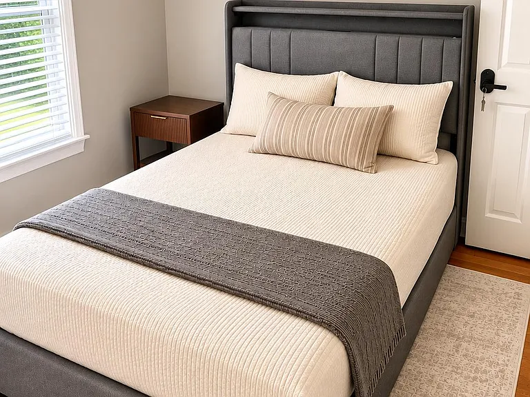 Furnished bedroom with a queen bed, upholstered headboard, nightstand, and a spacious reach in closet for ample storage.