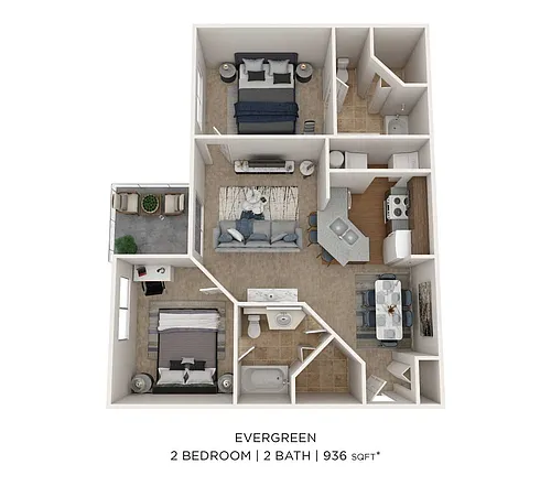 Floor plan Two Bedroom 2 Bath- 936 sqft