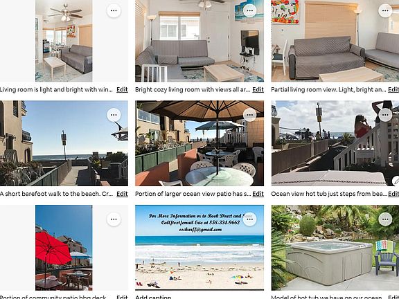 Collage of some of the living space and amenities. Note the hot tub with ocean view, bbqs, patio lounge space, steps to sand.